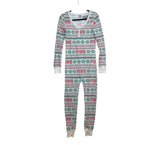 Victoria's Secret PINK Christmas Fair Isle Thermal One-Piece Pajamas S - Picture 1 of 9